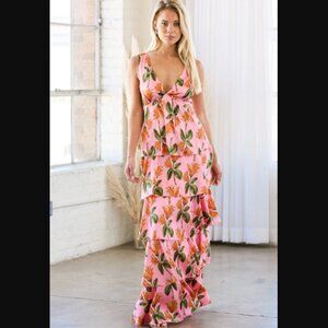 Lulus Party in Palm Springs Pink Floral Print Satin Tiered Maxi Dress $88.00